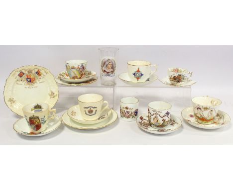Collection of commemorative wares for the Jubilees of Queen Victoria 1887 and 1897, comprising three trios, moustache cup and