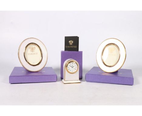 English Fine Bone China 'The Royal Collection&nbsp;Fabergé' boudoir clock decorated with imitation guilloche design 7cm tall,