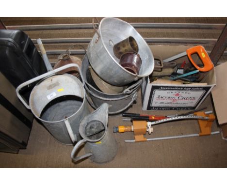 A quantity of watering cans and pails; together with a box of various gardening tools