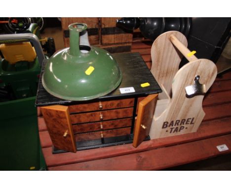 A jewellery chest together with an enamel light fitting and a wine bottle carrier