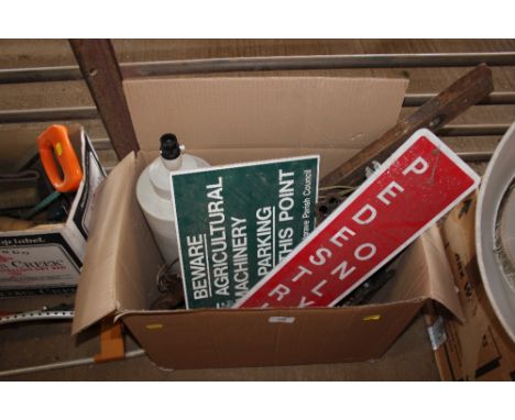 A box containing various tools; signs; pottery table lamp etc. 