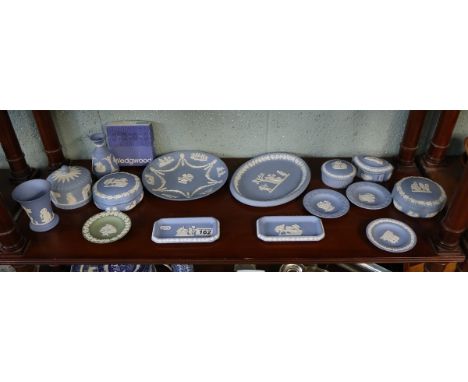 Shelf of blue Wedgwood Jasperware