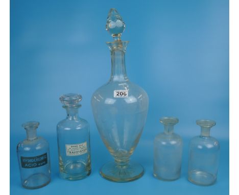 4 early chemical bottles and a large decanter A/F