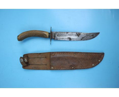 Early Solingen Rich A Herder German bone handled hunting knife in leather sheath - Approx blade length 155mm
