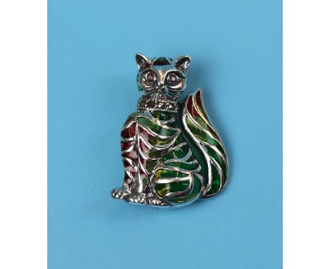 Silver &amp; plique-à-jour enamel cat brooch