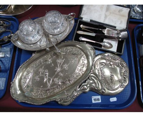 A Silver Spoon, Fork and Napkin Ring, seal, plated tray, hand mirror, preserve platter.