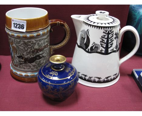 A Mettlach Pottery Stein, of cylindrical form, incised and painted with a central portrait of  of gentleman and dogs chasing 