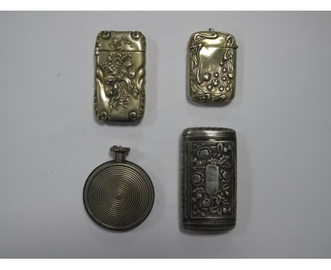 An Art Nouveau Style Plated Vesta Case; together with another, detailed with ribbon tied floral spray, a James Dixon & Sons s