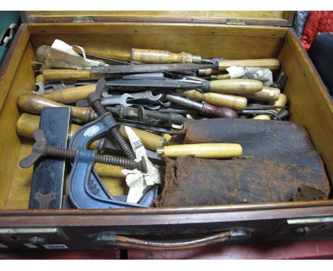 Tools - Record G clamps, Acorn, Marples chisels, spanners, drill bits etc. in box.