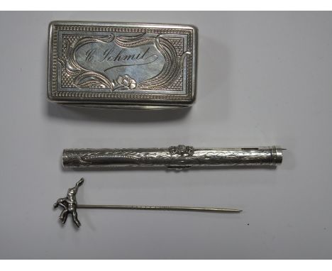 A German Snuff Type Box, stamped crescent and crown mark and "800", of rectangular form allover engine turned and inscribed "