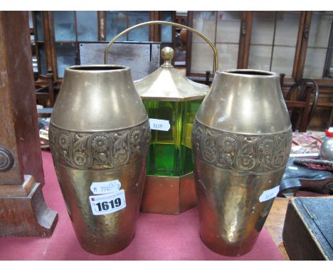 WMF - Pair of Brass Ovoid Vases, with scroll and floral band to shoulders, stamped and numbered '45', 18cm high, an octagonal