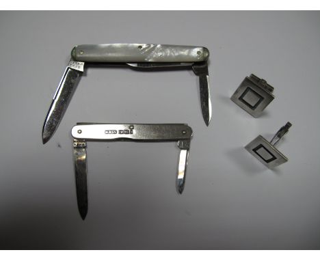 A Two Blade Folding Pocket Knife, with hallmarked silver scales, another with mother of pearl scales and a pair of Mexican ge