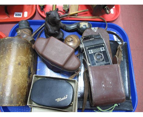 A Black Forest Bear Inkwell, with head as hinged cover, Meerschaum pipe, camera's, dome topped caddy, etc:- One Tray