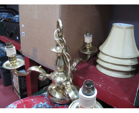 A Heavy Brass Three Branch Ceiling Light, four similar twin branch wall lights, shades.