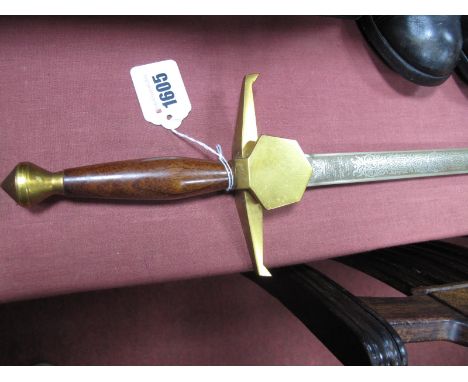 Wilkinson Sword, circa 1970's Presentation Sword, etched to one side, brass septagonal shield to cruciform hilt, turned woode