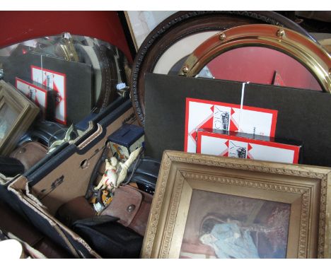 A Mid XX Century Oval Mirror, mid 50's Monopoly, circular wall mirror, gilt frame portrait study, camera's, oval picture fram