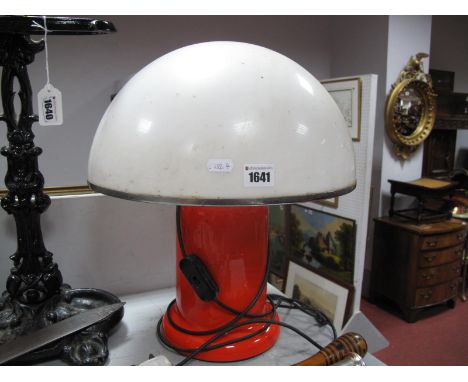 A Mushroom Table Lamp, in the Guzzini style, white plastic shade, orange, metal base, 44cm high overall.(sold for spares or r