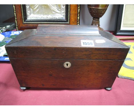 A William IV Rosewood Tea Caddy, of sarcophagus form, with mother or pearl escutcheon, on bun feet, (one absent), 30cm wide.