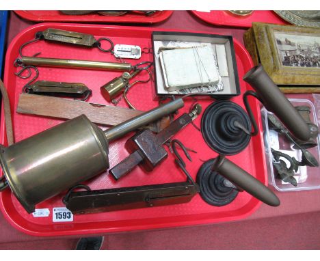 Two Goffering Irons, brass meat jack, spring scales, level, Happy Families, etc:- One Tray
