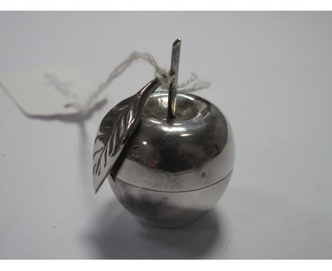 A Modern Novelty Trinket Pot, as an apple with stalk and leaf, indistinctly stamped "925".