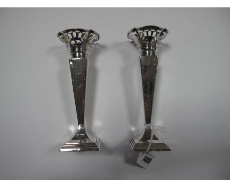 A Matched Pair of Hallmarked Silver Spill Vases, James Deakin & Sons, Sheffield 1913, 1914, each of tapering design, engine t