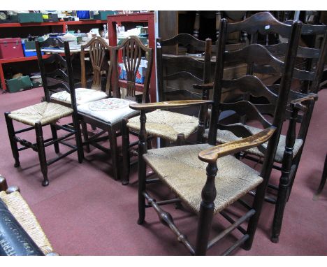 Four Harlequin Set of Ladder Back Chairs, with rushed seats - together with a pair of late XVIII Century elm shield back chai