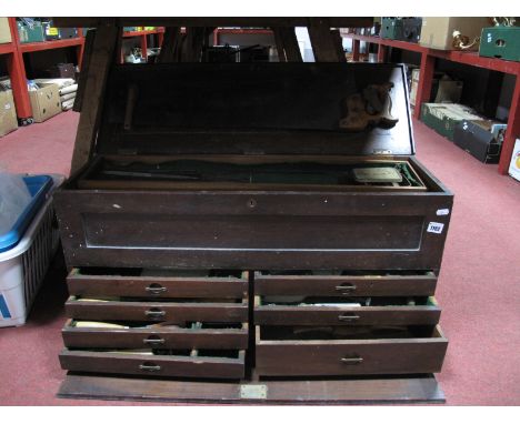 Tools - Bailey No. 7 Plane, Drabble saw, clamps, chisels, drill bits etc. in a mahogany chest with seven drawers.