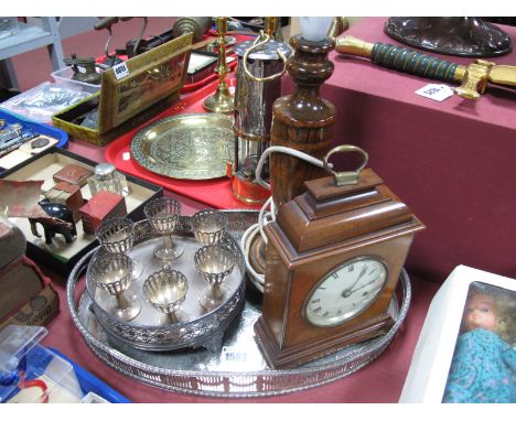 Elliott Mantel Clock, oak candlestick converted to a lamp, plated egg cruet, tray.
