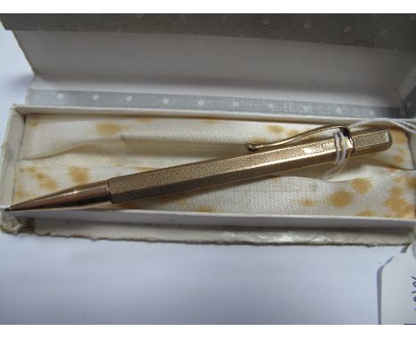 A Walker & Hall 9ct Gold Engine Turned Pencil, 12.2cm long; inscribed initials and dated 19/2/61.