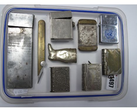 A Swann-Morton Knife, travel inkwell, modern lighter, Blackpool souvenir vesta case, a book vesta, "Long Live The King" comme
