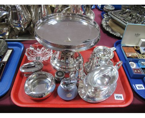 A Plated Comport, with applied ribbon tied wreaths, salt and pepper, sauce boat, glass ashtray, Wedgwood Jasperware lighter, 