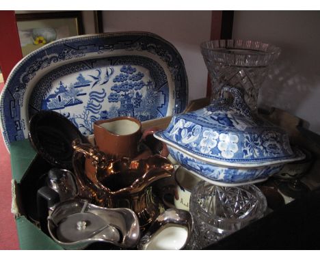 Torquay Ware, Devon silverine coffee set, stoneware hunting jug, glassware:- One Box and Willow Pattern meat plate and tureen