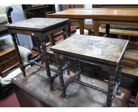 An Early XX Century Oak Plant Table, with floral carving to rectangular top, on bobbin supports united by 'H' stretcher; anot