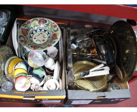 A Viners Hors D'Oeuvres, brass trays, copper planter, brass log bucket, Falcon 'Sandra' bowl, ceramics, etc:- Two Boxes