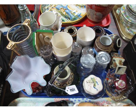 A Sheffield Cod Bottle, handkerchief vase, studio dishes, bowls, Limoges 'Piano' trinket, commemorative beakers, etc:- One Tr