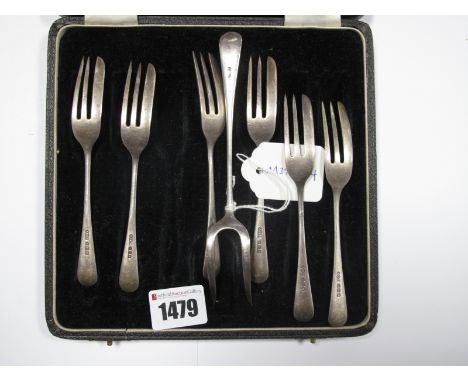 A Set of Six Hallmarked Silver Cake Forks, in original fitted case with matching serving fork.