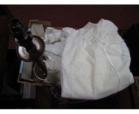Lace and Embroidered Christening Gowns, crochet mats, oak barley twist lamp.