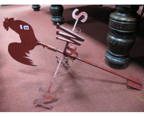 A Painted Iron Weather Vane, with scroll supports to pointers, detachable cockerel finial, 94cm high overall.