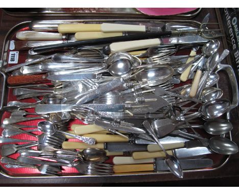A Quantity of Loose Electroplated Cutlery, toasting fork, etc; (silver hallmarked tea forks and spare ferrules noted):- One T