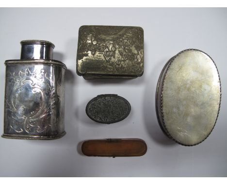 A XIX Century Plated Caddy, leaf scroll engraved; together with a plain oval box, an Oriental trinket box, a XIX Century ambe
