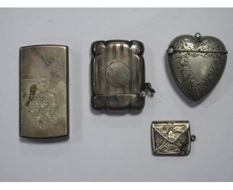 A Hallmarked Silver Vesta Case, engine turned; together with a heart shape vesta case, a lighter and a Chester hallmarked sil