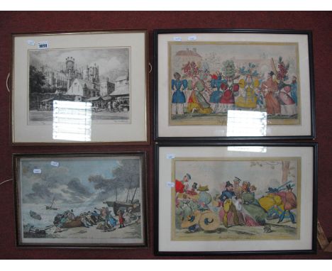 Tom Whitehead 'Market Place, Ely' etching, 21.5 x 31.5cm graphite signed, two Cruickshank prints and Rowlandson example. (4)