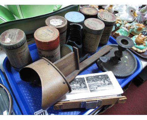 Edison Phonograph Cylinders, stereoscope viewer and three cards, Sheffield plate candlestick:- One Tray