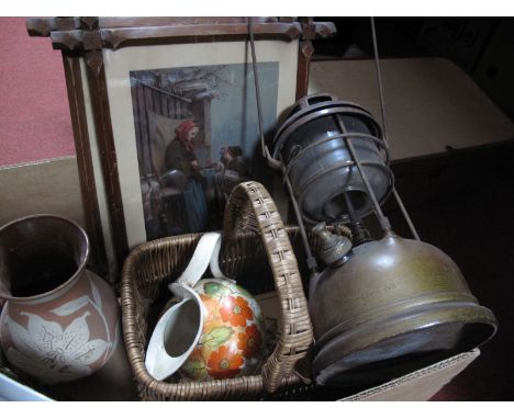 A Tilley Lamp, prints, basket, Woods Jug, Doulton plate, etc:- One Box