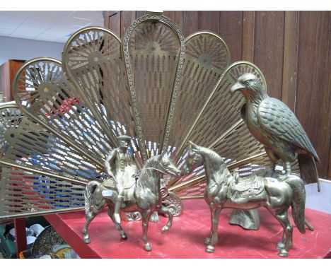 Brass Folding Firescreen, two equestrian and one bird figures.