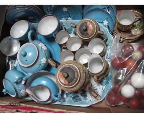 A XIX Century Blue and White Transfer Printed Meat Plate, an Oriental tea service, with painted enamel decoration of prunus b