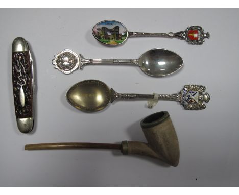 A Higgin London Pipe; together with a two blade folding pocket knife, souvenir enamel teaspoon, etc.