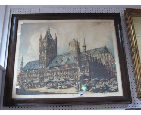 After W. Monk 'Cloth Hall, Ypres', hand tinted etching, graphite signed lower right margin, blind strap lower left, 50 x 65cm