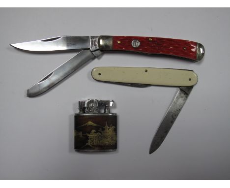 Rough Rider Cutlery Company Two Blade Folding Knife; together with another two blade folding knife and an Omega lighter. (3)