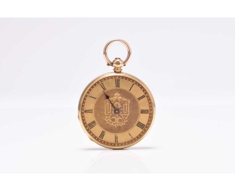 A lady's 18ct gold open face pocket watch Date: Circa 1900 Movement: Bridge plate, key wind and set Dial: Engine-turned and e